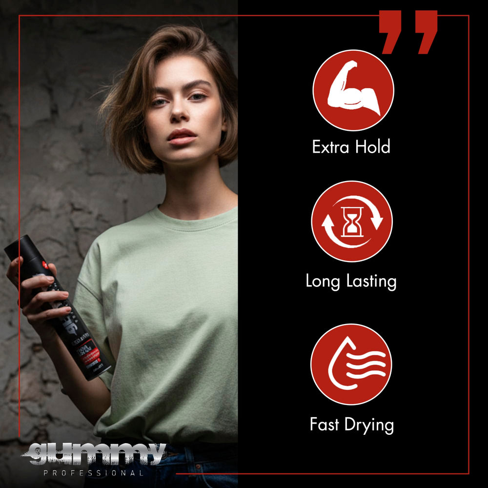 Gummy hair spray mist application for quick, light hold.