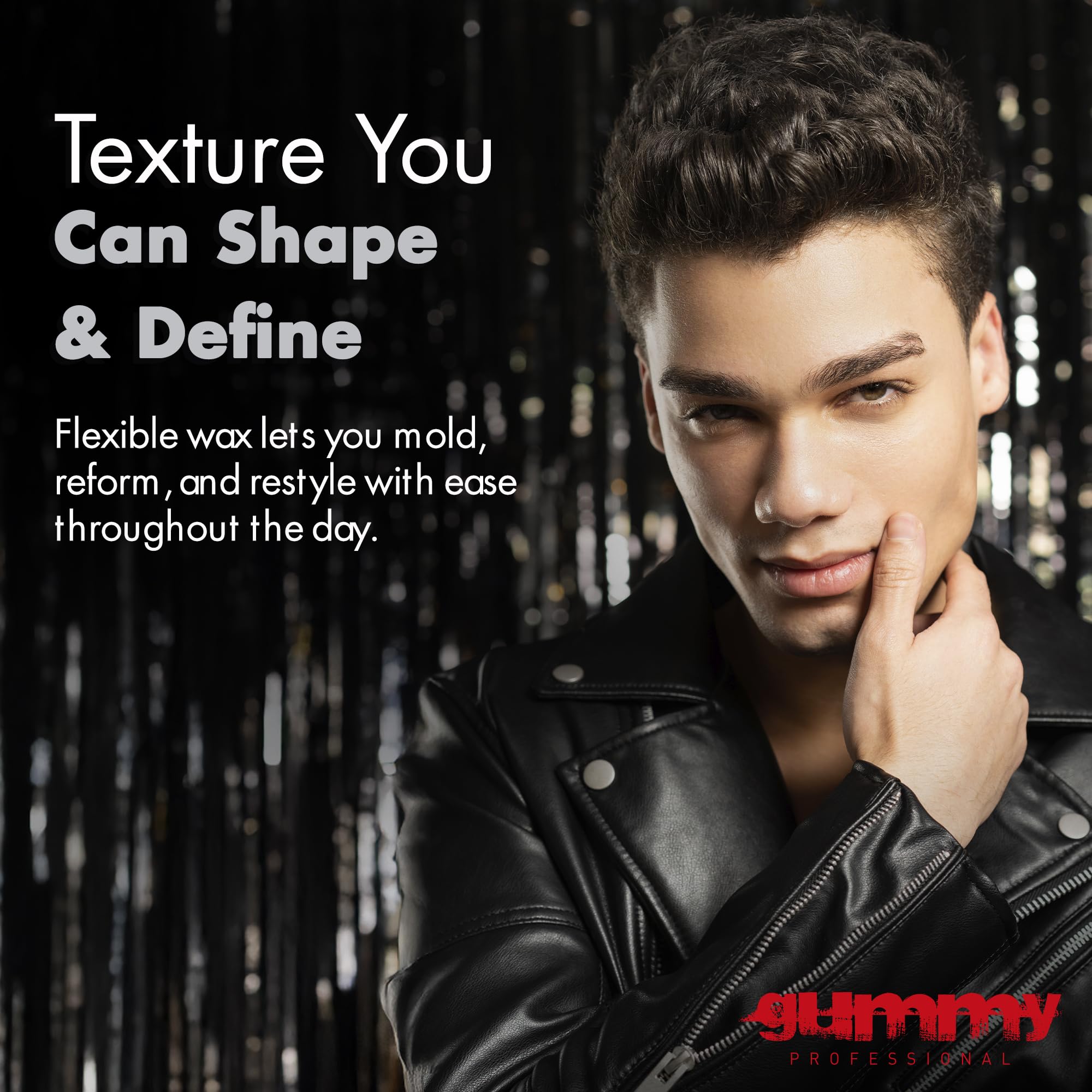 Gummy men styling product in use suggests easy application and controlled finish.