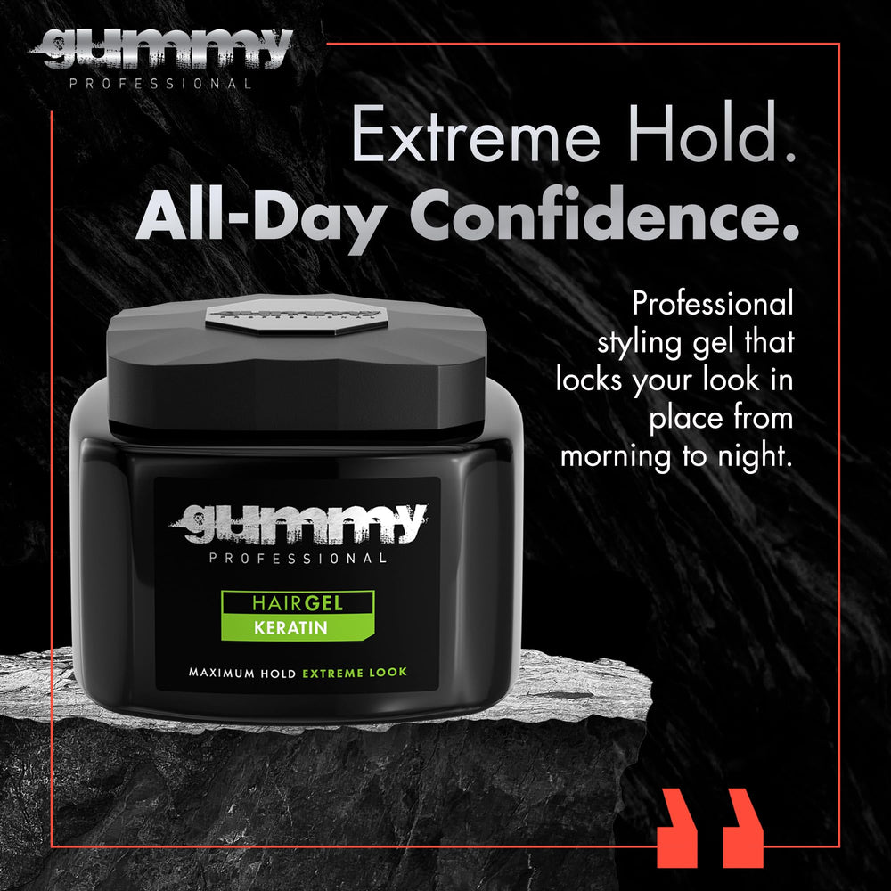 Gummy Professional Hair Gel extreme-hold slick-back styling for a flawless look.