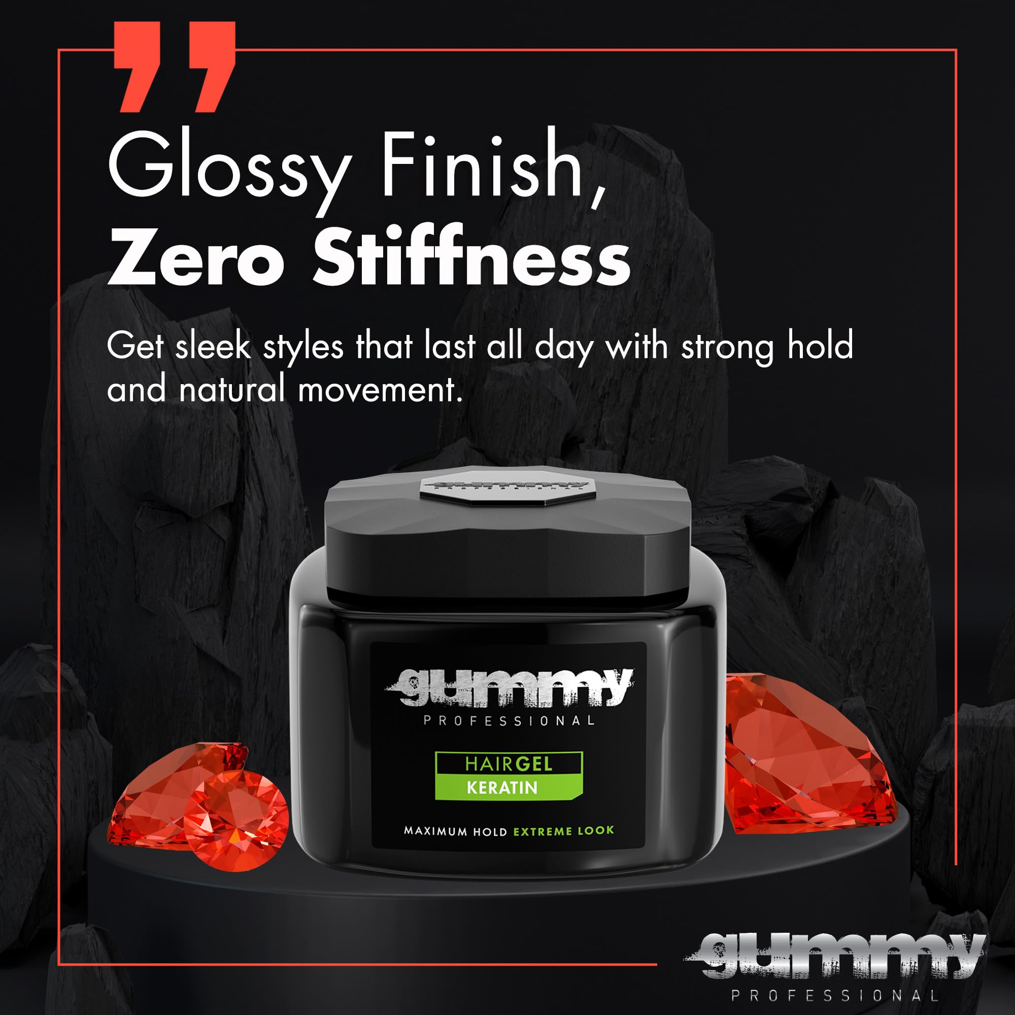Gummy Professional Hair Gel glossy finish after application showing high-shine results.