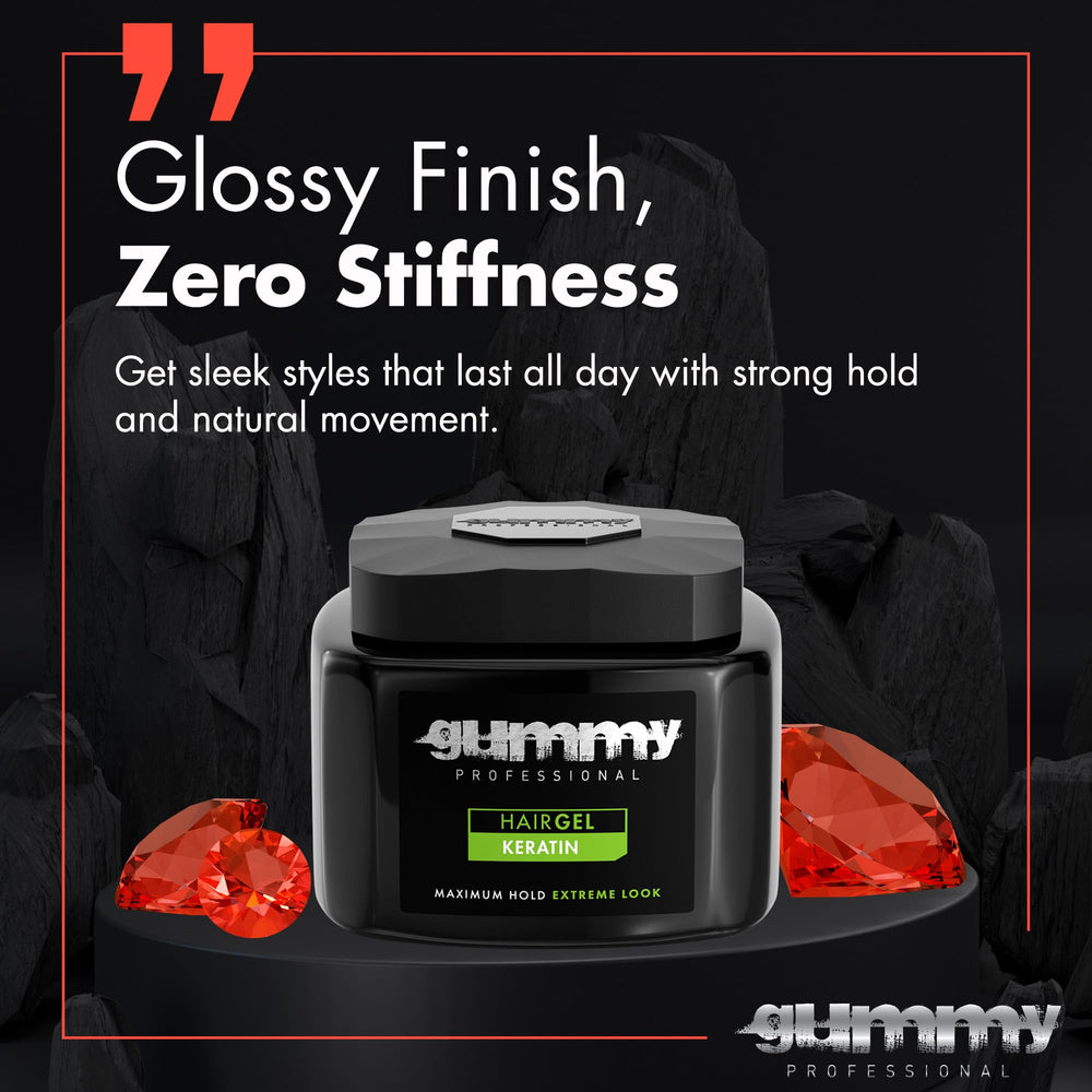 Gummy Professional Hair Gel glossy finish after application showing high-shine results.