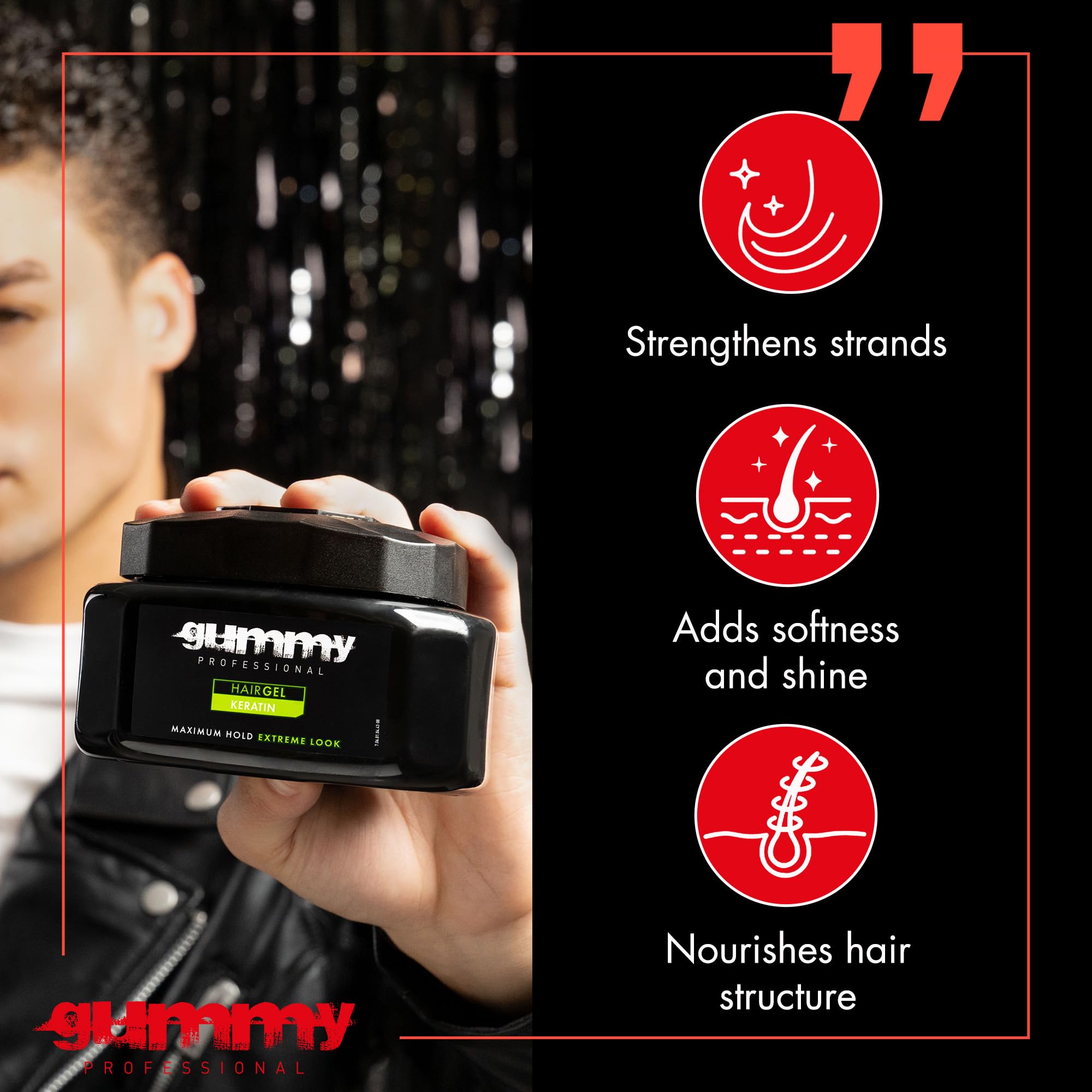 Gummy Professional Hair Gel wet-look shine enhancing finish for a glossy hairstyle.