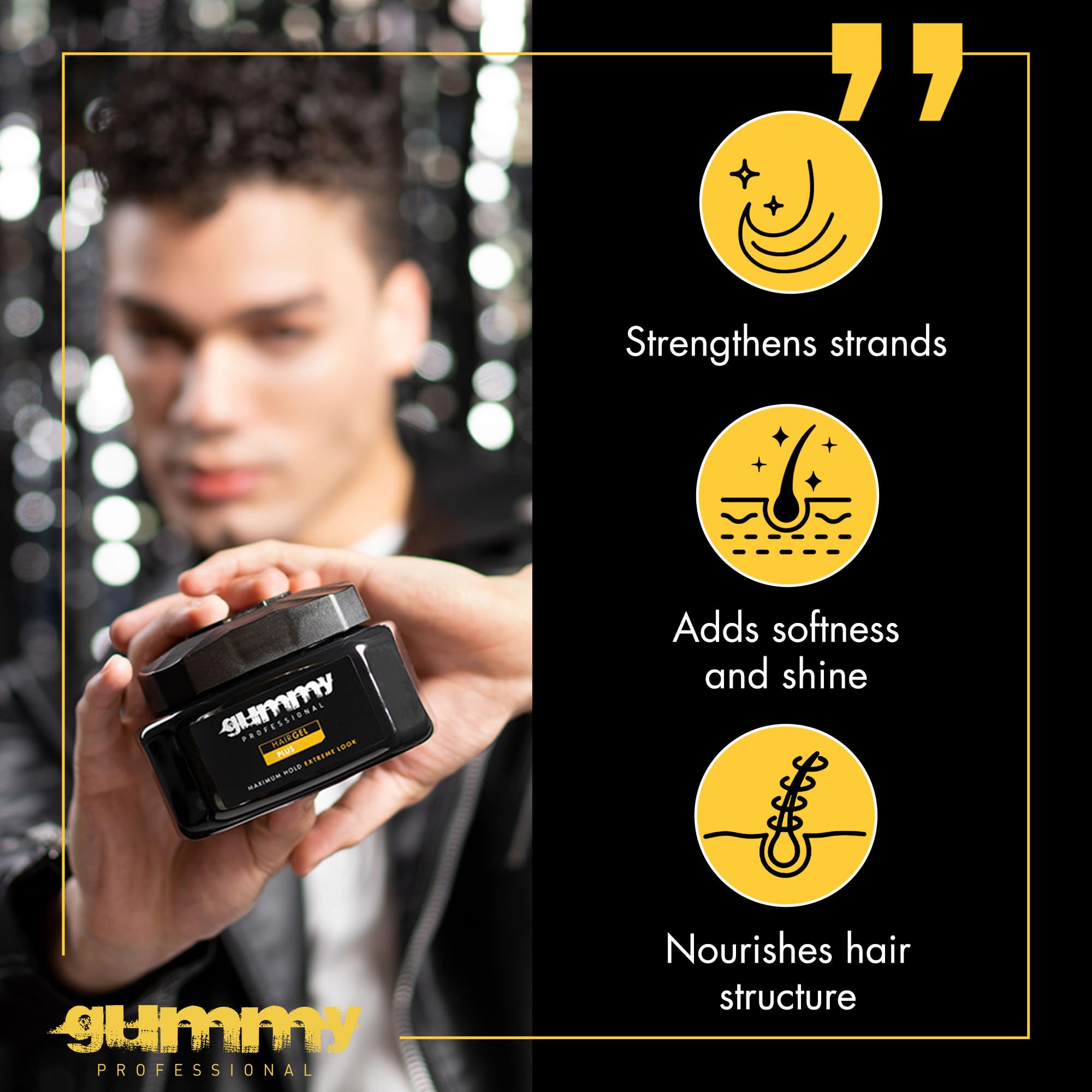 Gummy Professional Plus Hair Gel clear gel in hand for easy, non-sticky application.