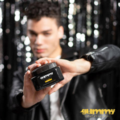 Gummy Professional Plus Hair Gel slick back look with glossy shine.