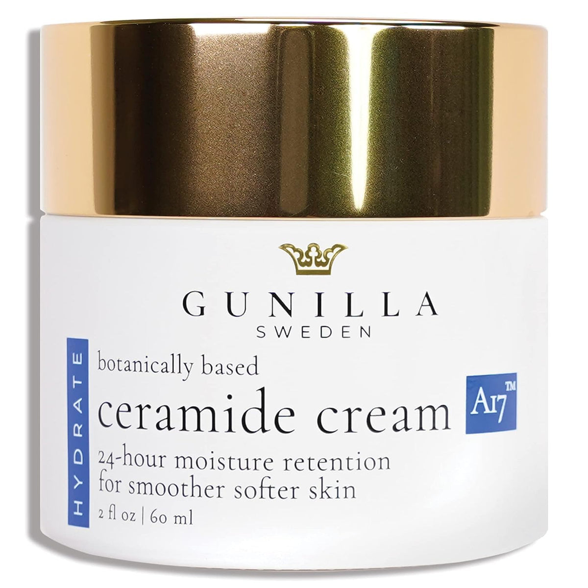 Gunilla Ceramide Cream jar closeup showcases a rich, plant-based moisturizer for lasting hydration.