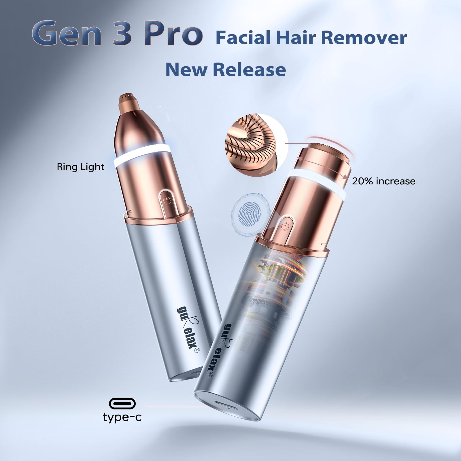 Gurelax 2-in-1 face shaver shown for quick, versatile facial grooming.