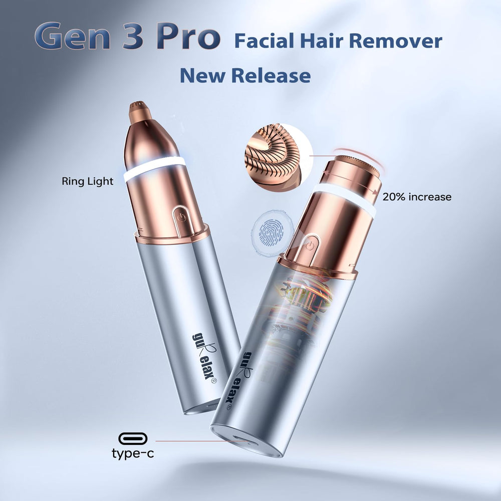Gurelax 2-in-1 face shaver shown for quick, versatile facial grooming.