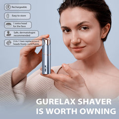 Gurelax USB rechargeable face shaver depicted with charging during use.