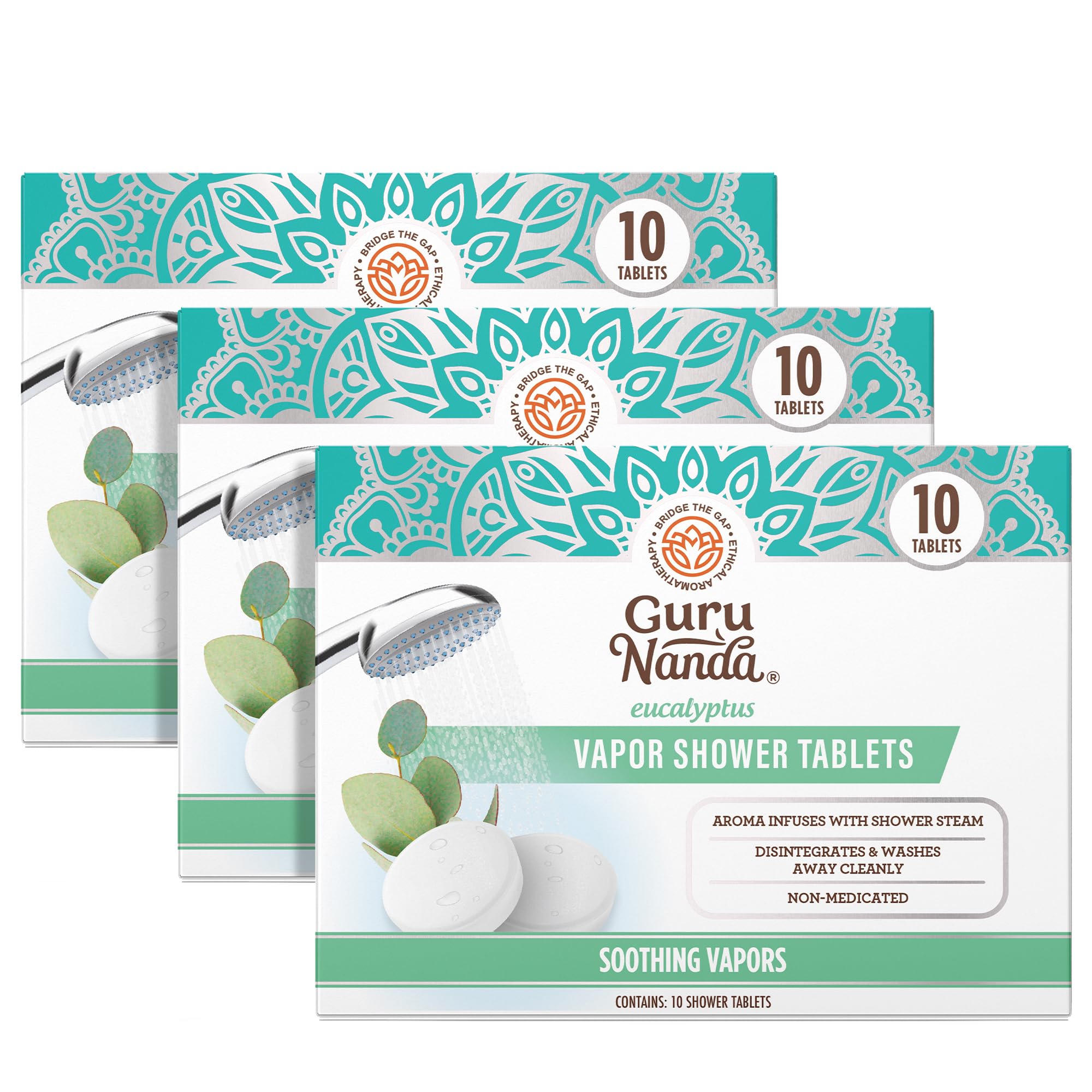 GuruNanda Eucalyptus Vapor Shower Tablet packaging showcases natural aromatherapy.