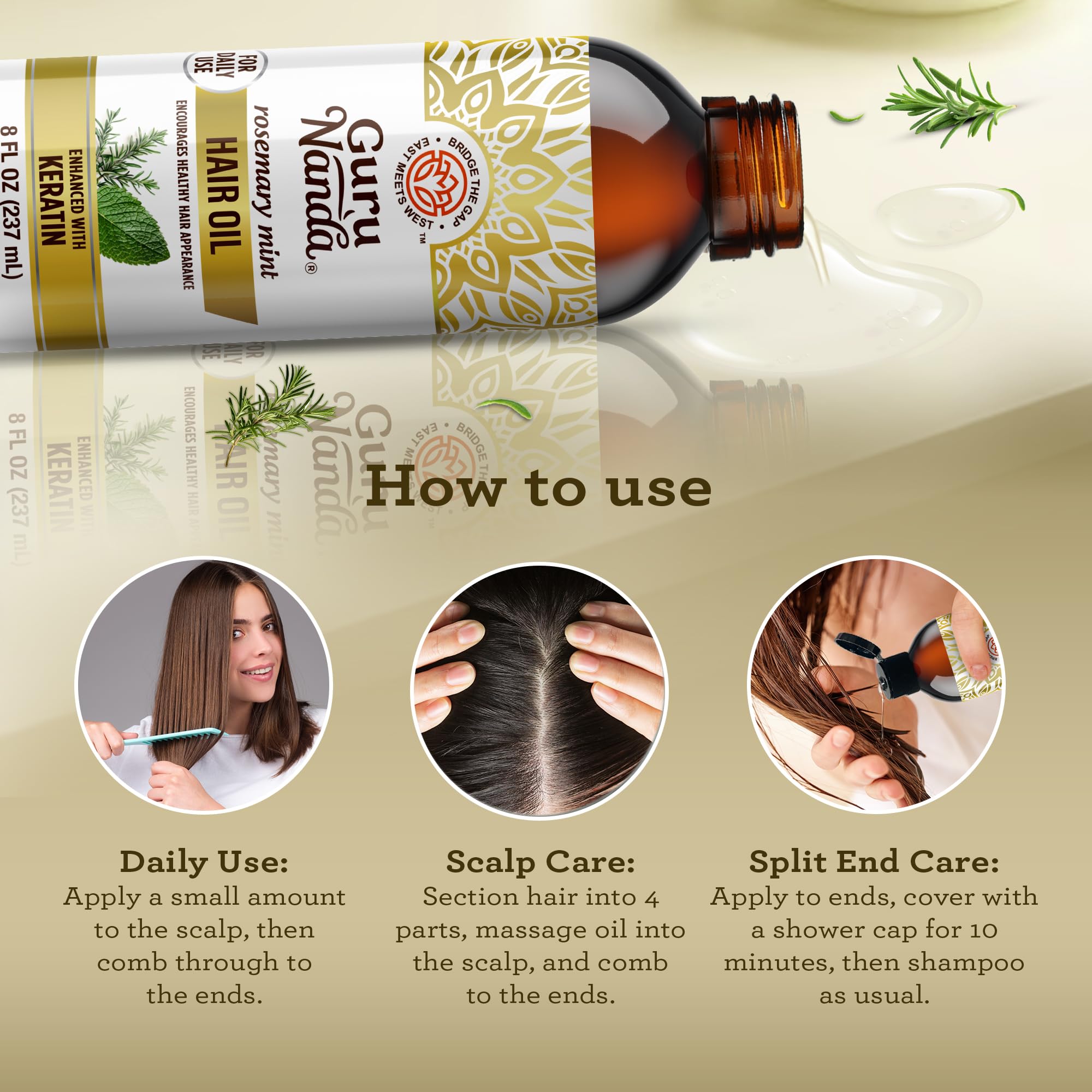 GuruNanda rosemary mint hair shine close-up on smooth, hydrated strands.