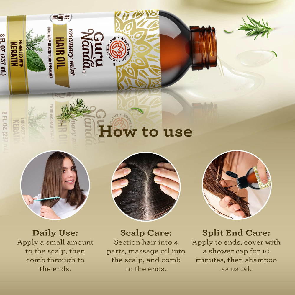 GuruNanda rosemary mint hair shine close-up on smooth, hydrated strands.