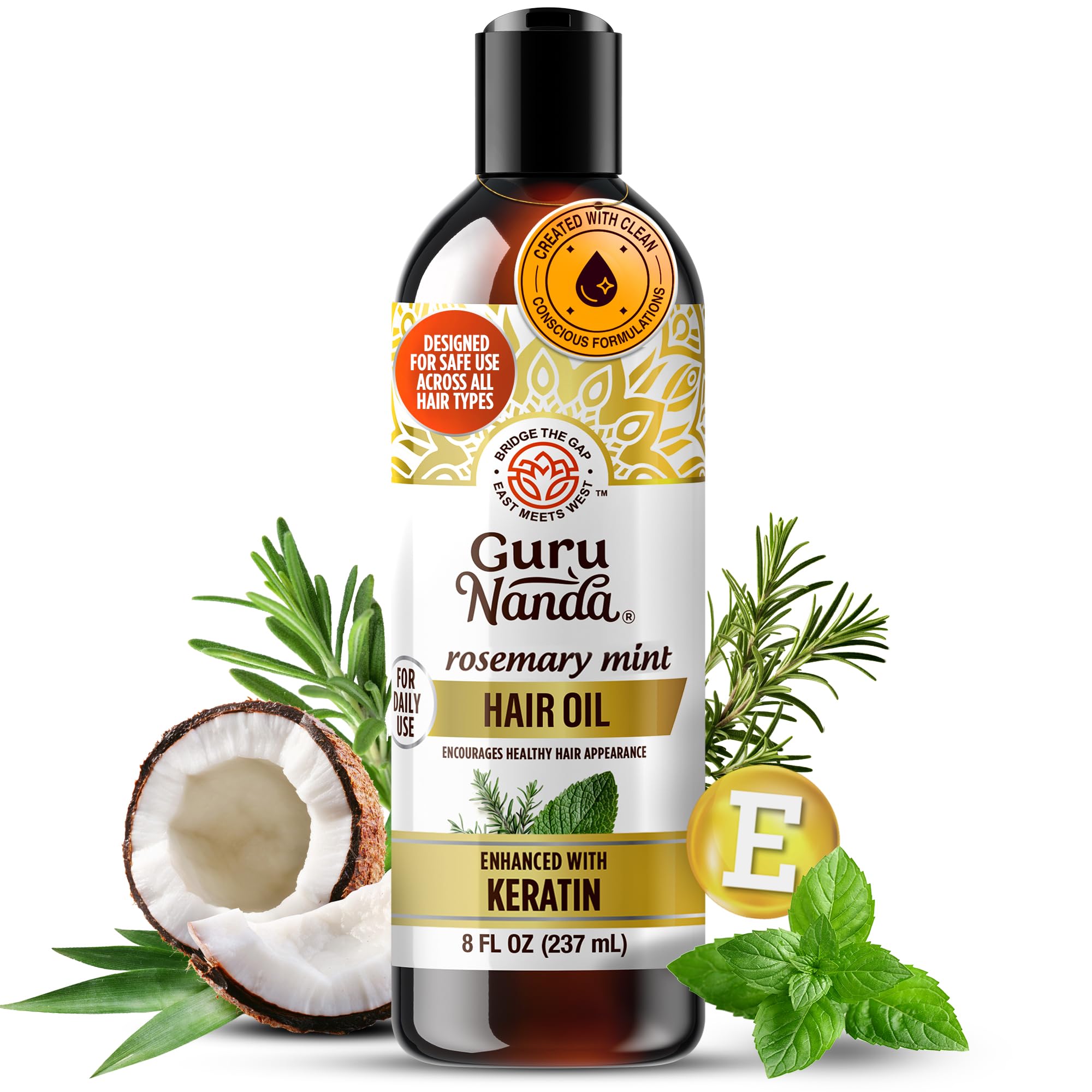 GuruNanda rosemary mint oil bottle showing scalp nourishment for shine.