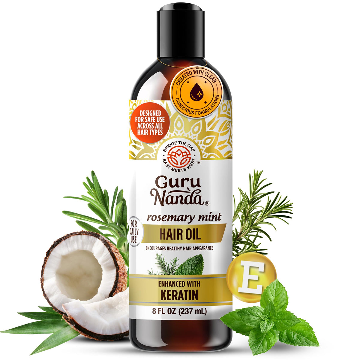 GuruNanda rosemary mint oil bottle showing scalp nourishment for shine.