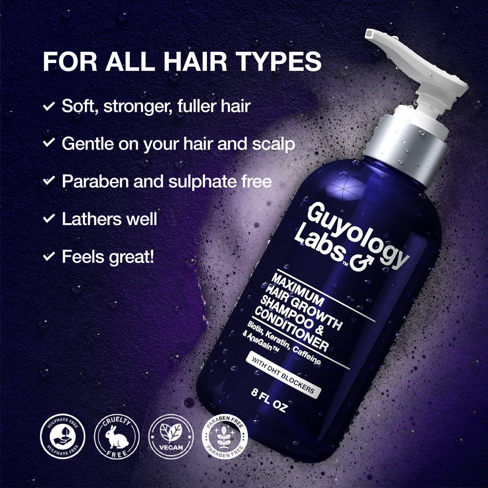 Guyology Labs biotin-keratin formula boosts strength and bounce for everyday styling.