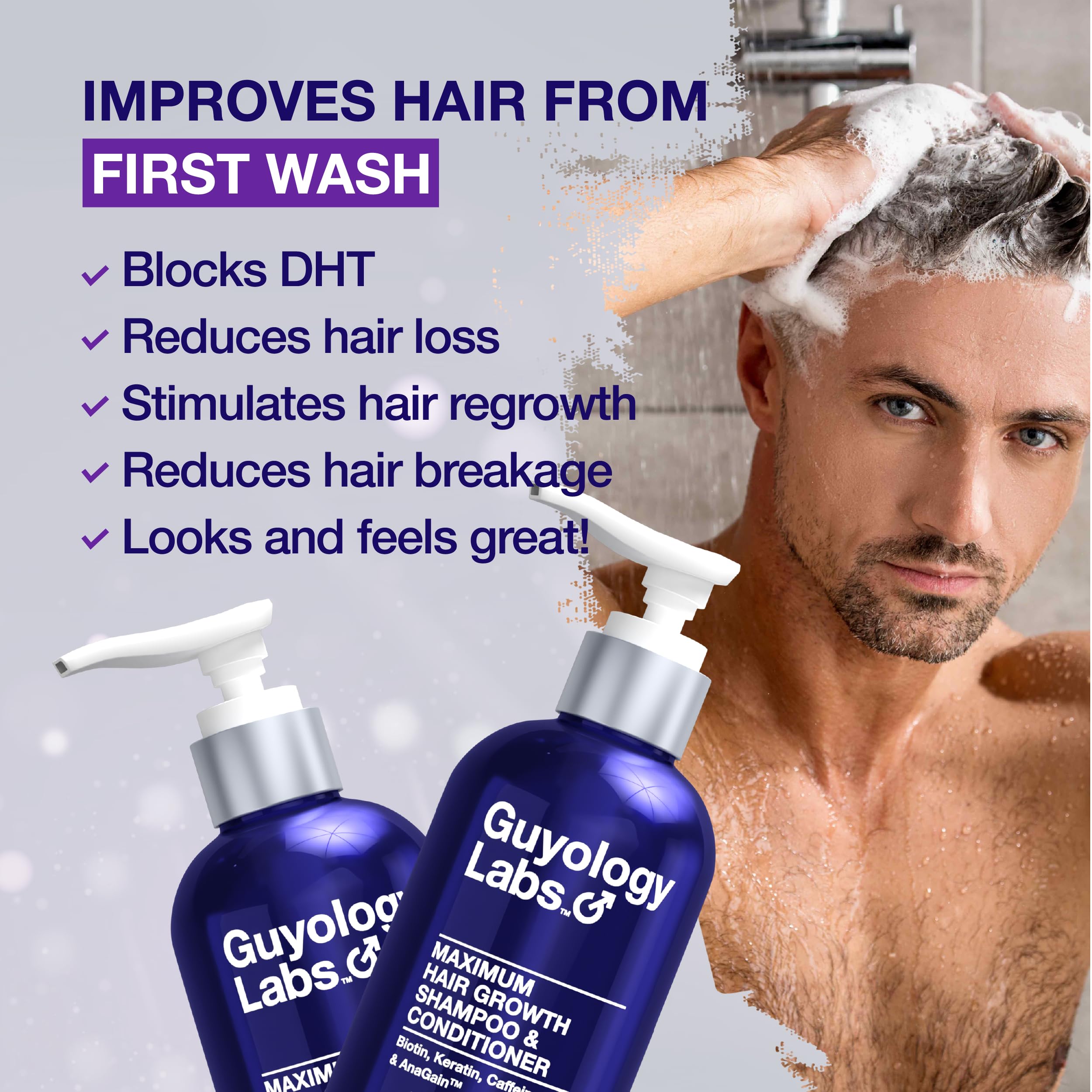 Guyology Labs DHT-blockers label highlights saw palmetto benefits for thinning hair support.