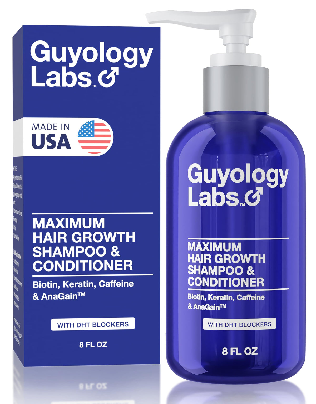 Guyology Labs hair-growth-shampoo-bottle promises fuller roots with regular use.
