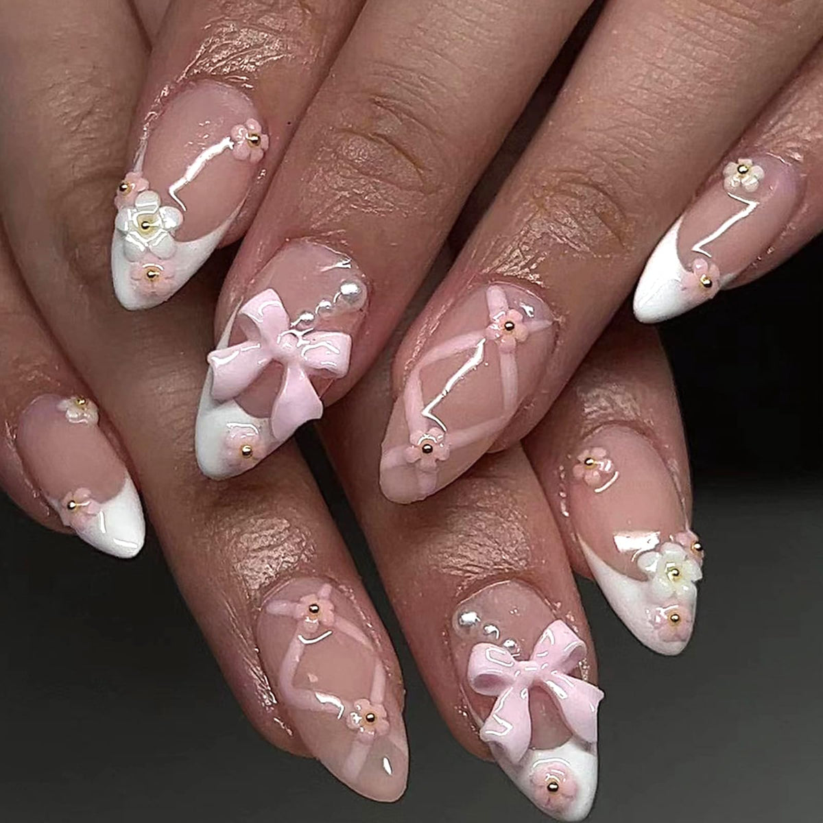 GXOIPNS white French tip press on nails with bow floral design for chic style.