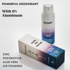 Gymati Fitness Body Deodorant Spray Aloe Zinc formula protects odor naturally.