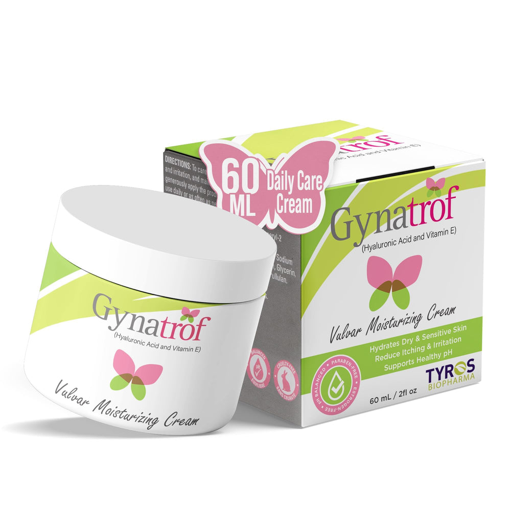 Gynatrof Vulva Moisture Cream bottle pour for gentle daily hydration.