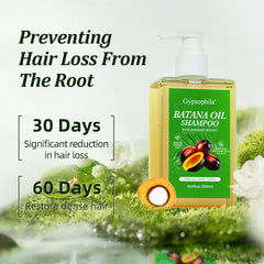 Gypsophila Batana Oil Shampoo bottle with rosemary highlights voluminous, revitalized strands.