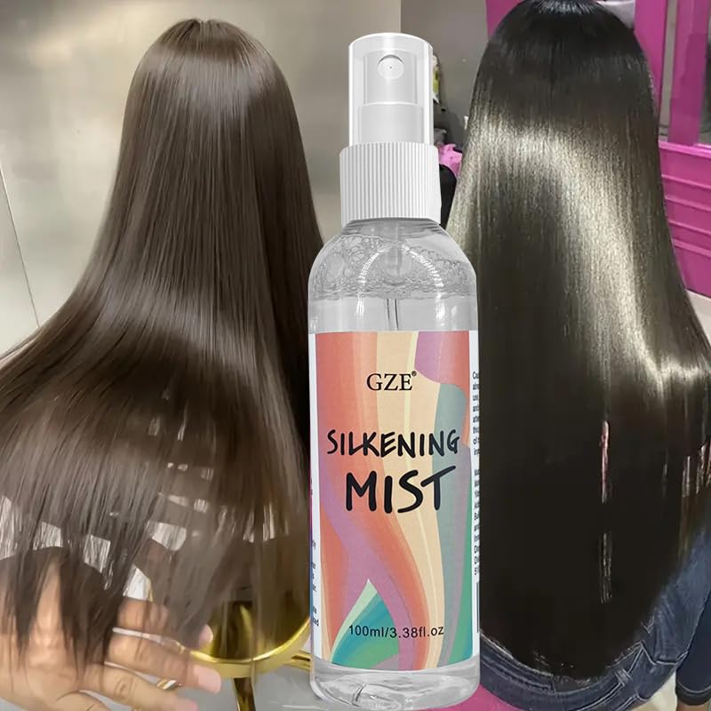 GZE Silkening Spray Mist packaging emphasizes a non-greasy, weightless formula