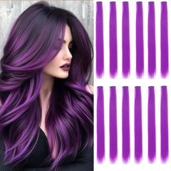 GZVIS 12pcs purple hair extensions on model show 22-inch straight length for bold party looks.