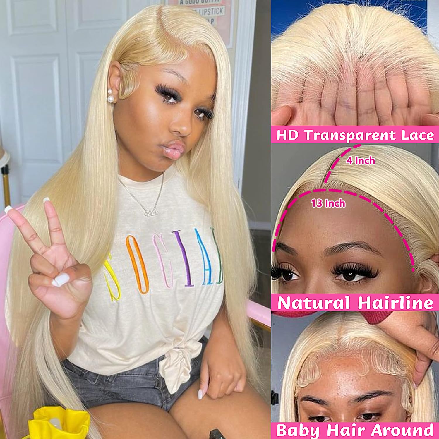 GZX 26in 613 lace-front wig lace detail highlights transparent Swiss lace blending with skin.
