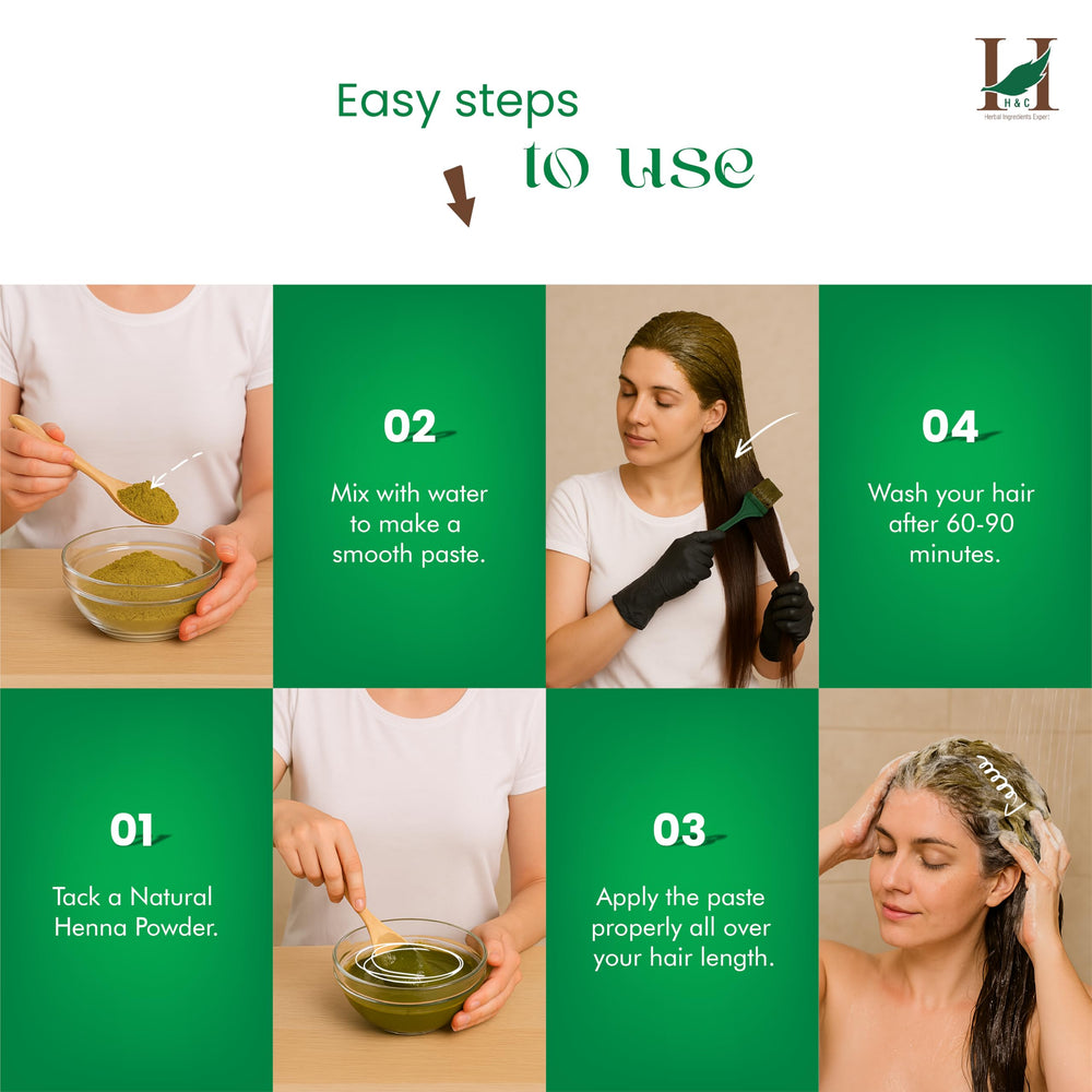 H&C Henna powder texture close-up demonstrates pure base without chemicals or PPD.