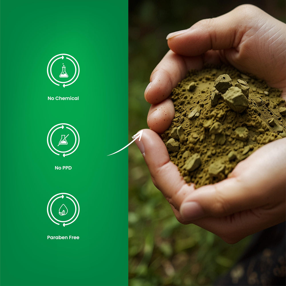 H&C Henna powder paste on hair illustrates natural color and subtle shine.