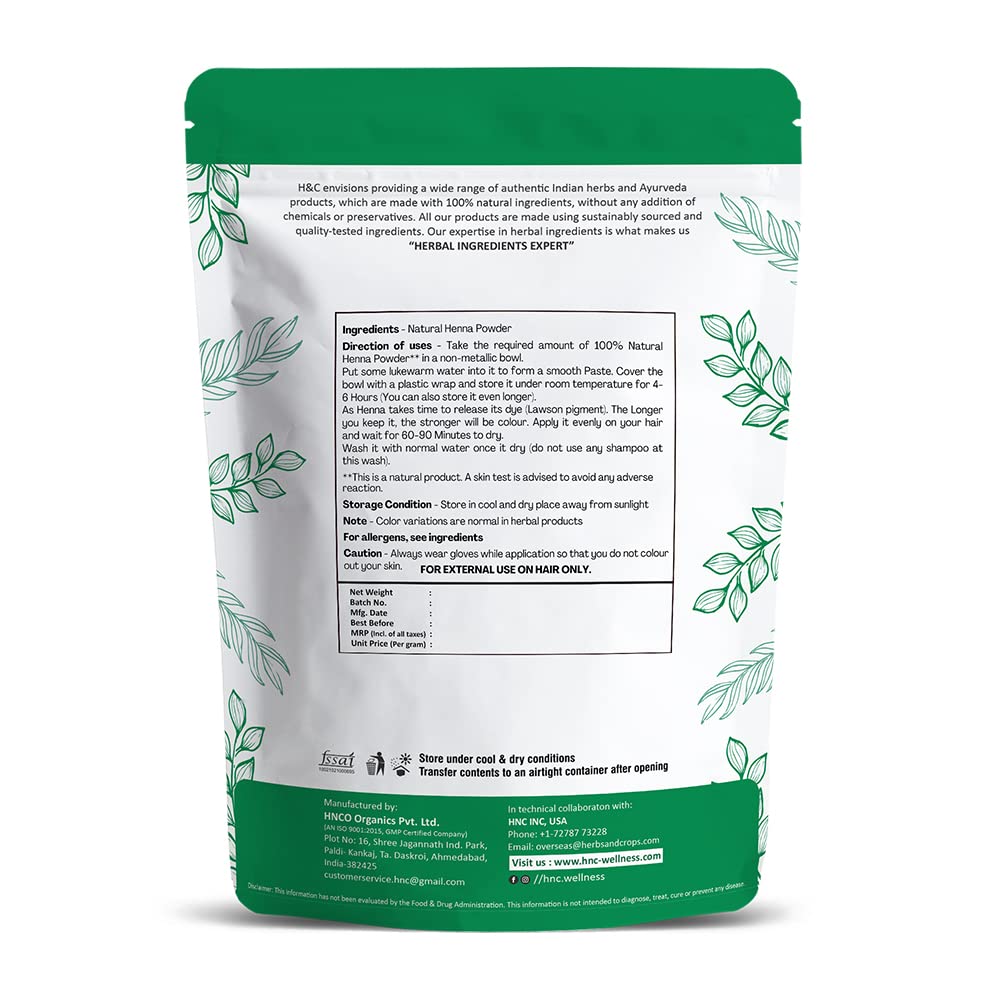 H&C Henna powder leaf close-up highlights organically grown leaves for pure color.
