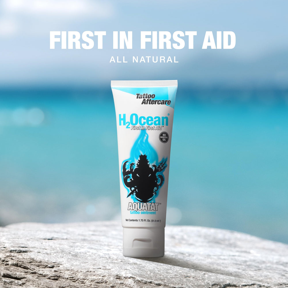 H2Ocean Aquatat tube closeup emphasizes fragrance-free formula for sensitive skin.