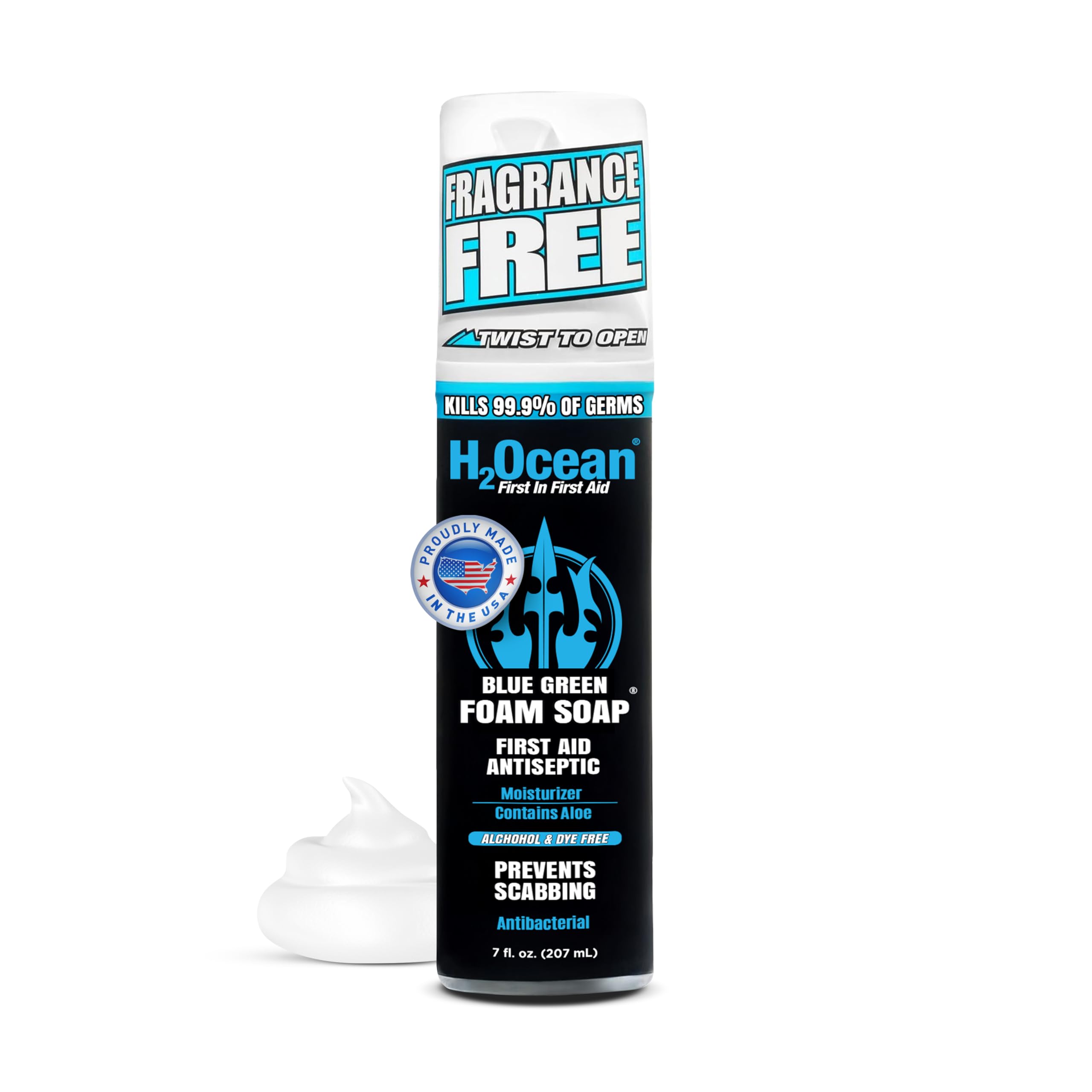 H2Ocean Blue Green Foam Soap bottle for tattoo aftercare and hydration