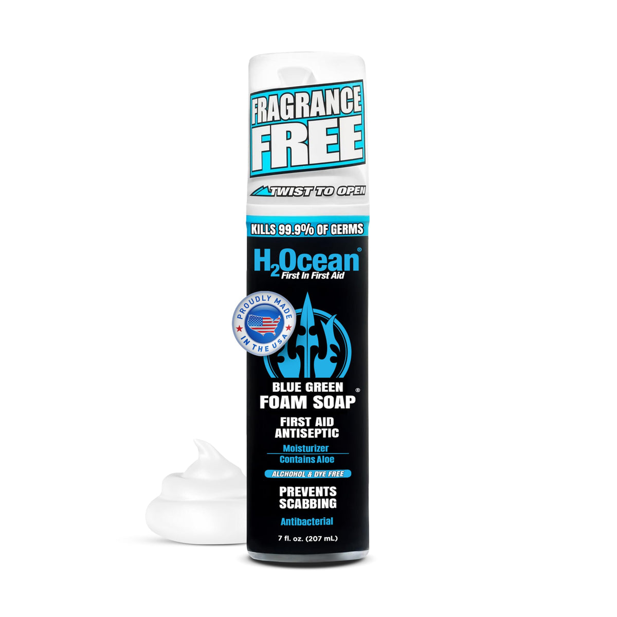 H2Ocean Blue Green Foam Soap bottle for tattoo aftercare and hydration