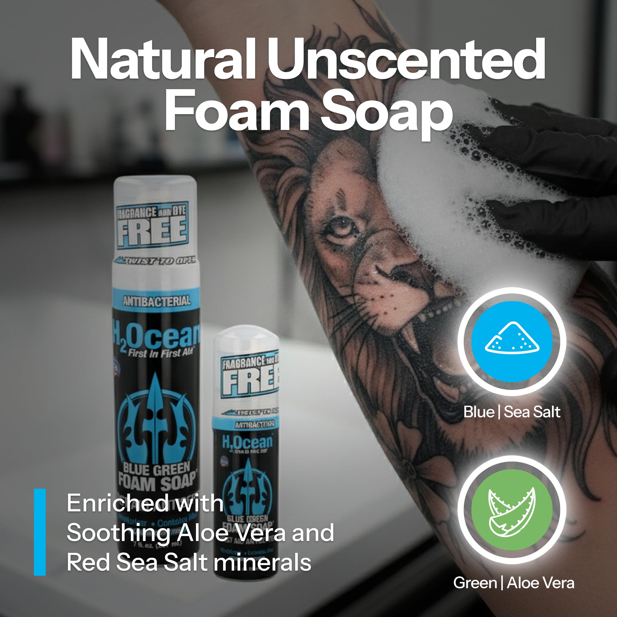 H2Ocean Blue Green Foam Soap moisturizing effect on skin around a tattoo