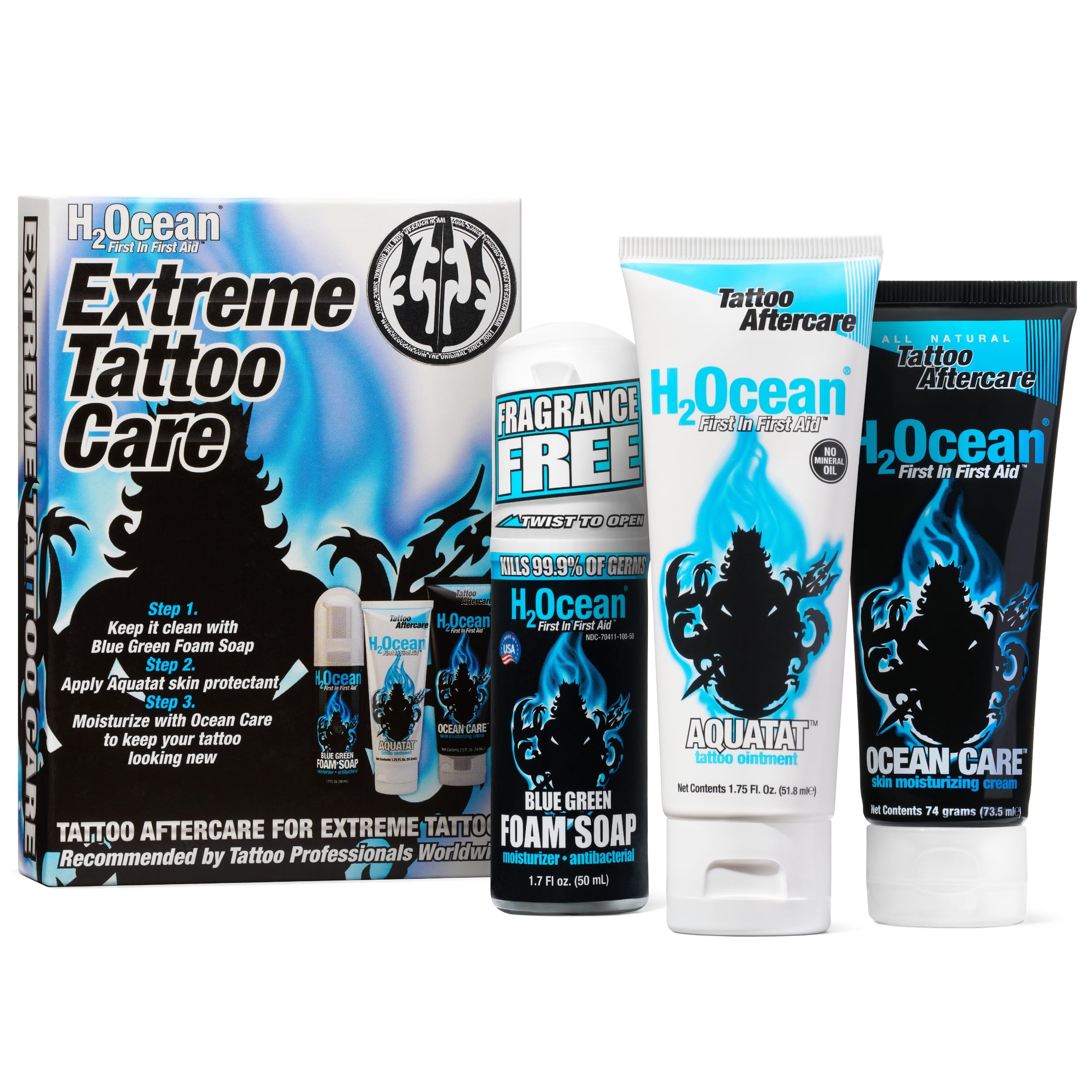 H2Ocean Extreme Tattoo Kit foam soap bottle demonstrates antibacterial cleansing for healing skin