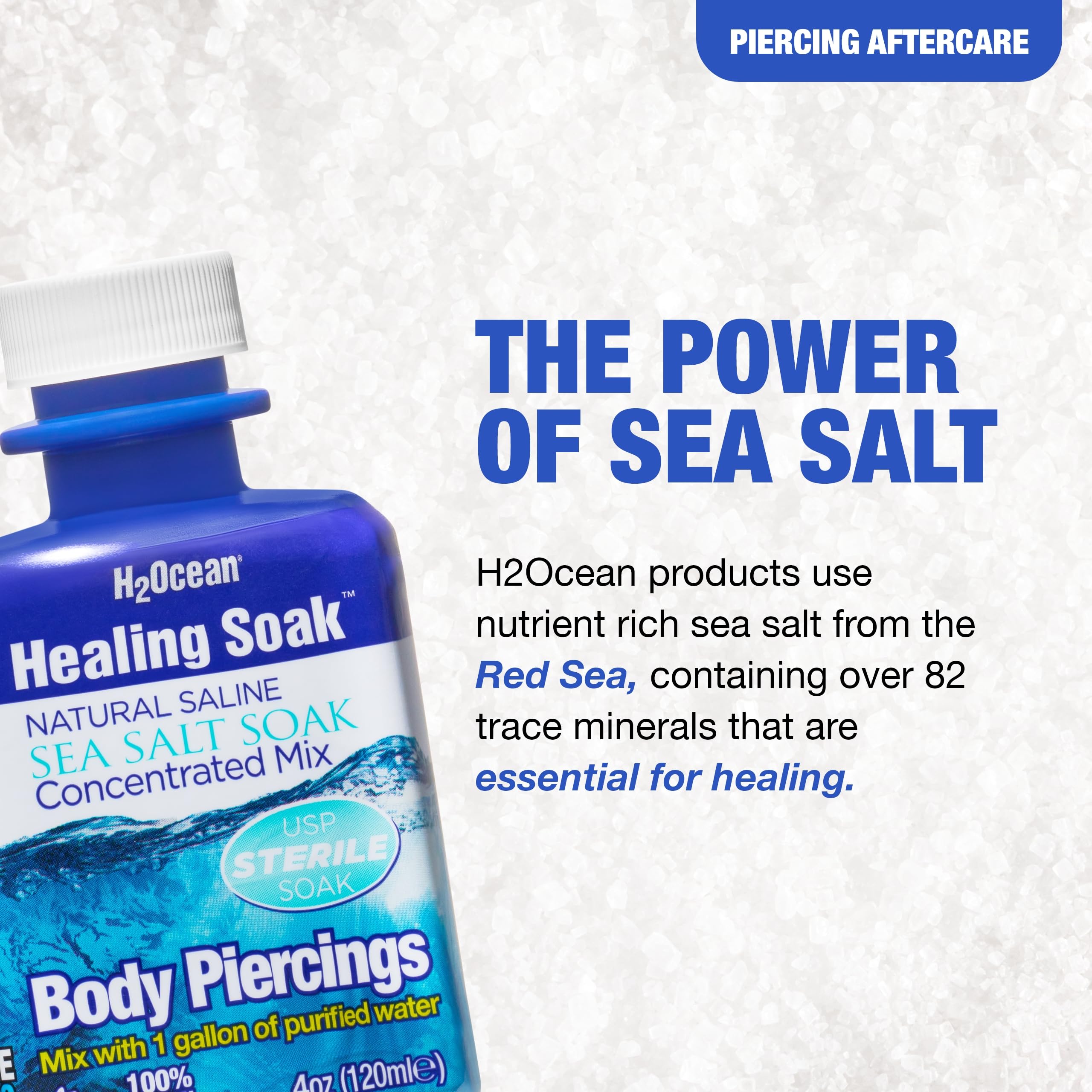 H2Ocean Healing Soak piercing aftercare setup emphasizing clean healing.