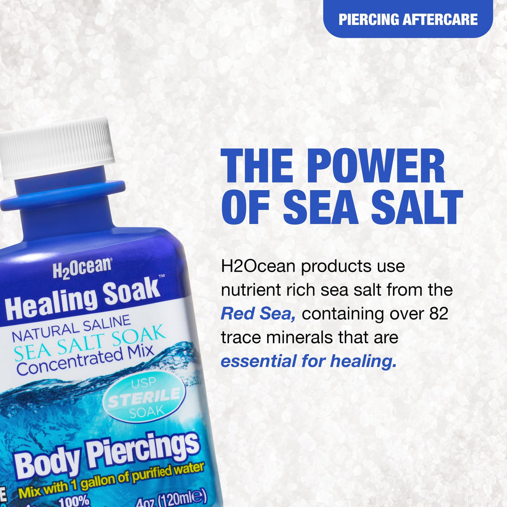 H2Ocean Healing Soak piercing aftercare setup emphasizing clean healing.