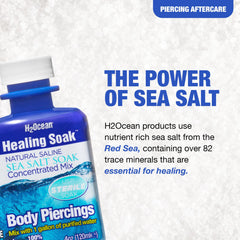 H2Ocean Healing Soak piercing aftercare setup emphasizing clean healing.
