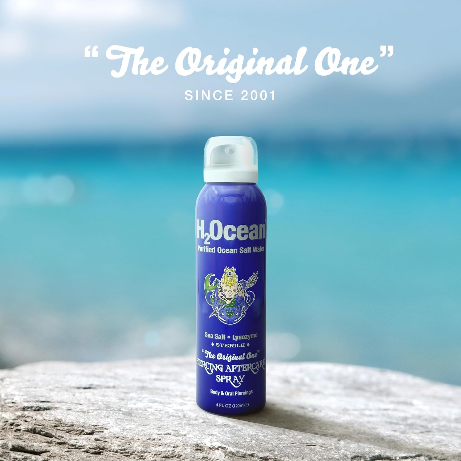 H2Ocean piercing spray label close-up communicates ingredients and usage guidance