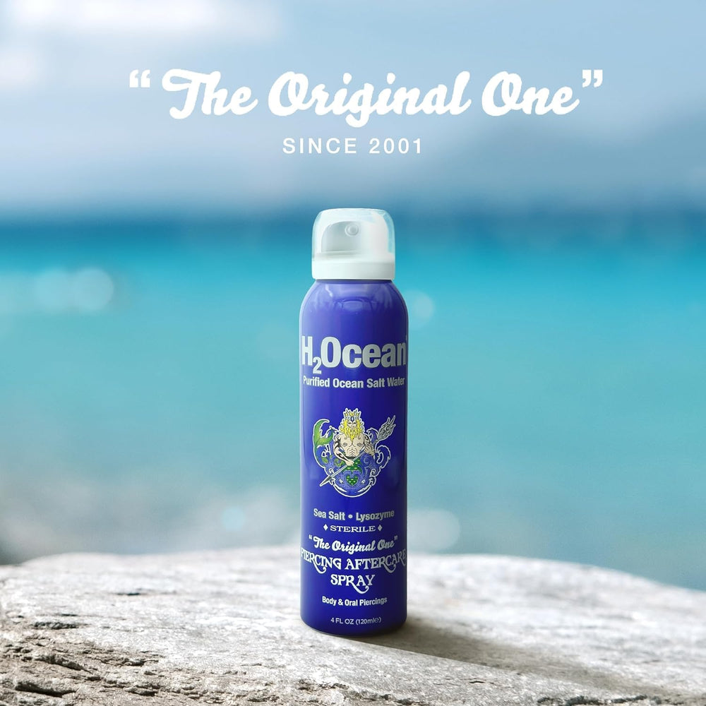H2Ocean piercing spray label close-up communicates ingredients and usage guidance
