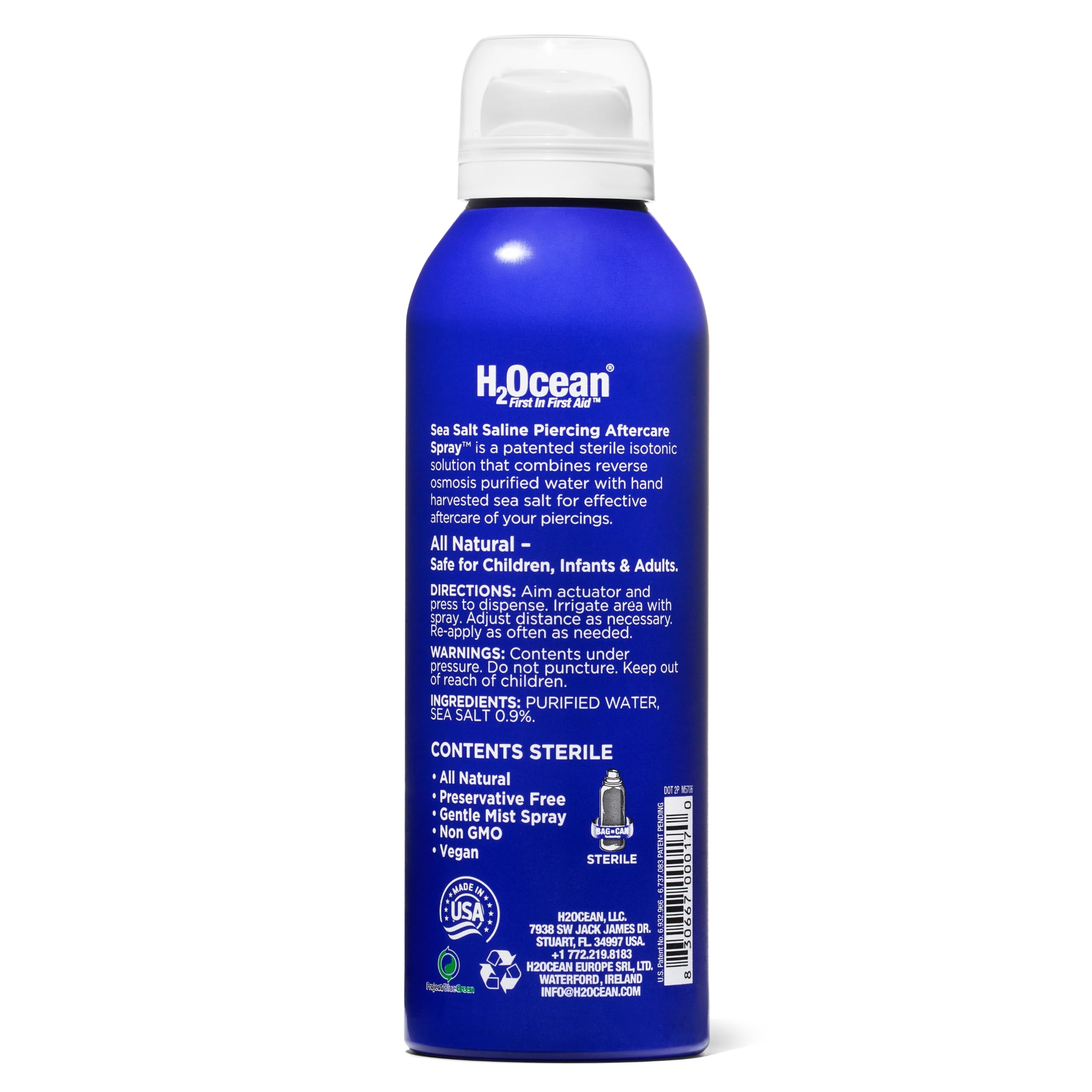 H2Ocean sea salt spray near piercing with clean vegan formula on label
