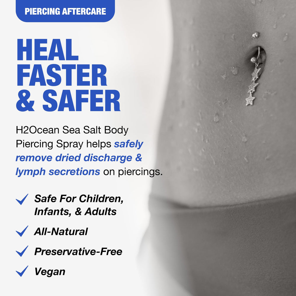 H2Ocean sea salt piercing spray label closeup showing vegan, all-natural formula