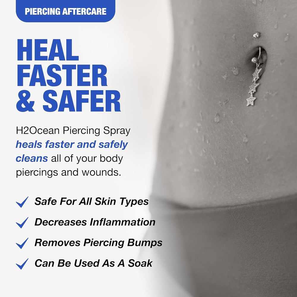H2Ocean sterile saline piercing solution bottle emphasizes safe, gentle cleansing