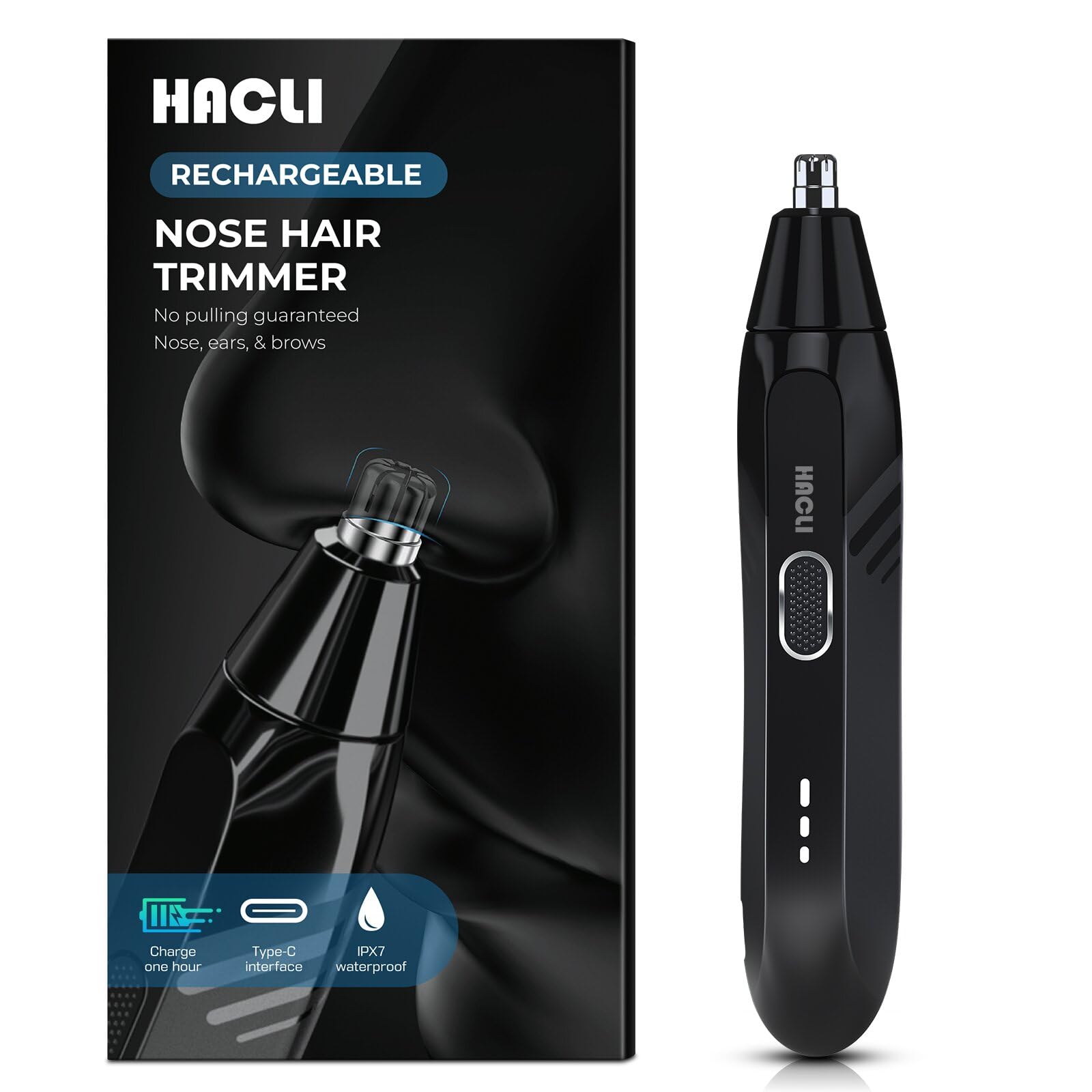 HACLI nose hair trimmer front view showing compact travel-friendly design