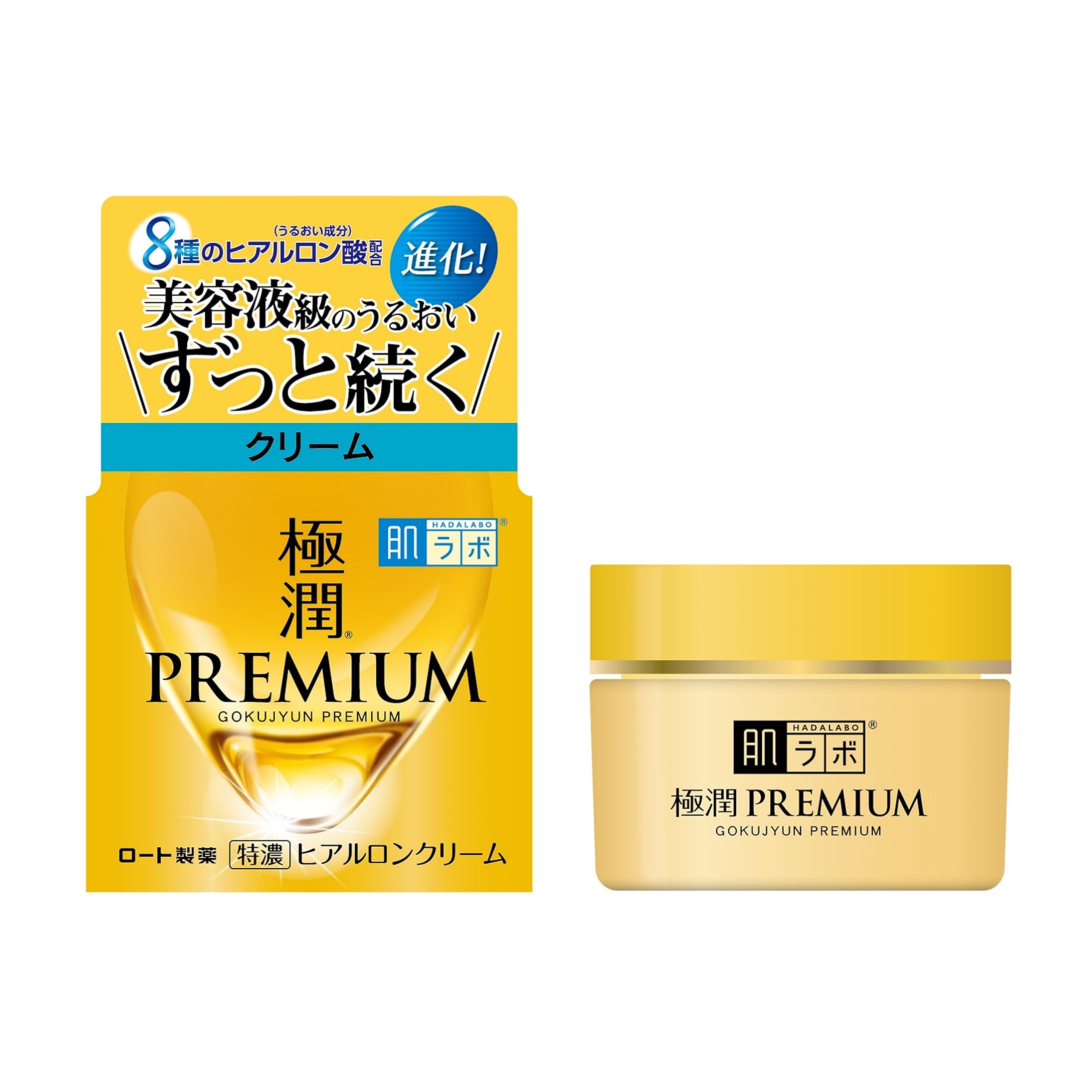 Hada Labo Gokujun Premium Hyaluronic Cream jar closeup showing rich moisture