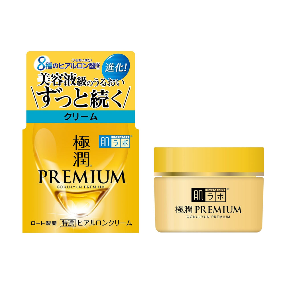 Hada Labo Gokujun Premium Hyaluronic Cream jar closeup showing rich moisture