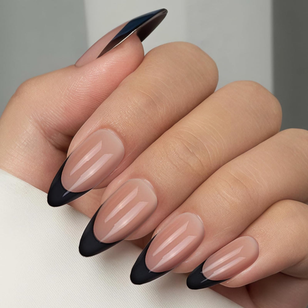 Hadutrek almond press-on nails kit shown ready for quick daily manicures.