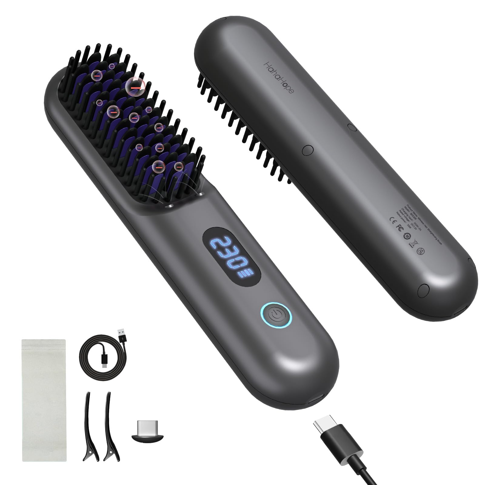 Hahahope cordless hair straightener brush compact travel design for quick on-the-go smoothing and frizz control.