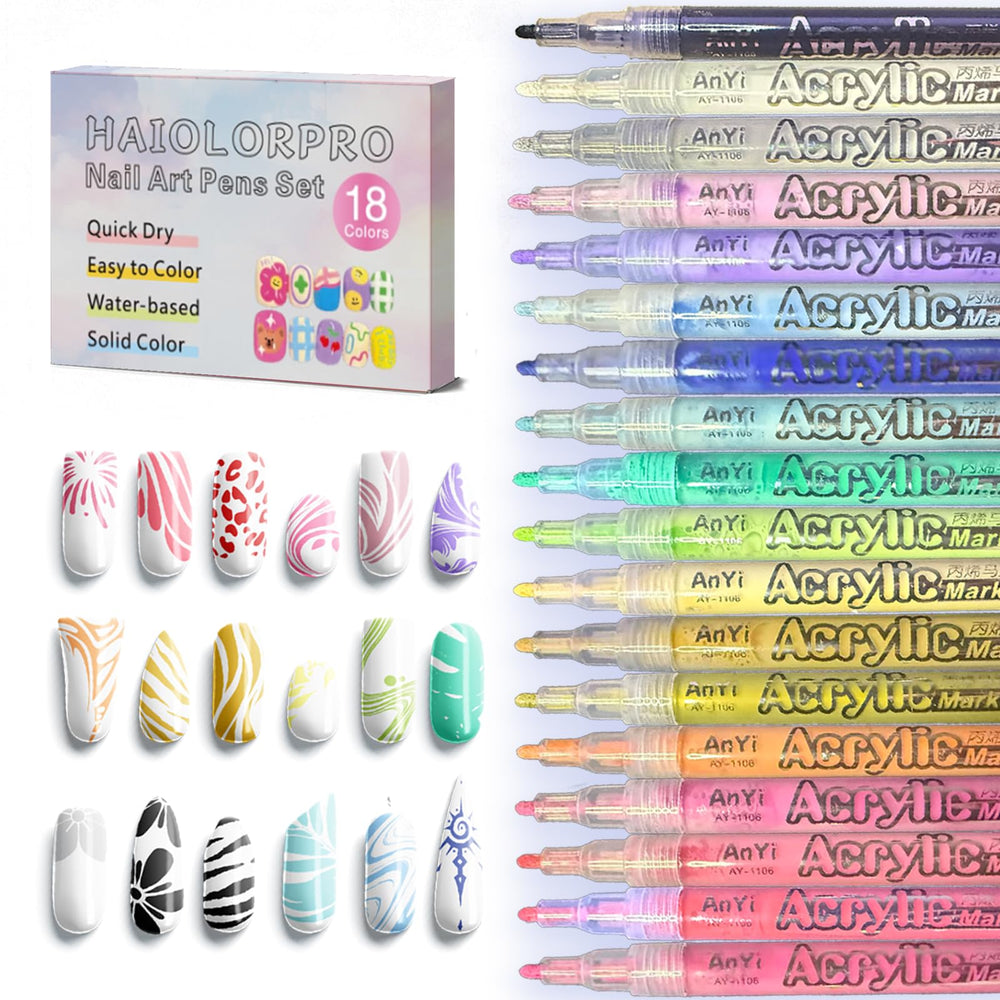 HAIOLORPRO 18 colors nail art pens set swatches show vibrant shades for at-home manicures.