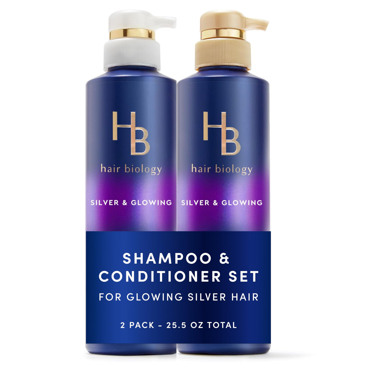 Hair Biology silver shampoo bottle closeup enhances cool silver tones for gray hair